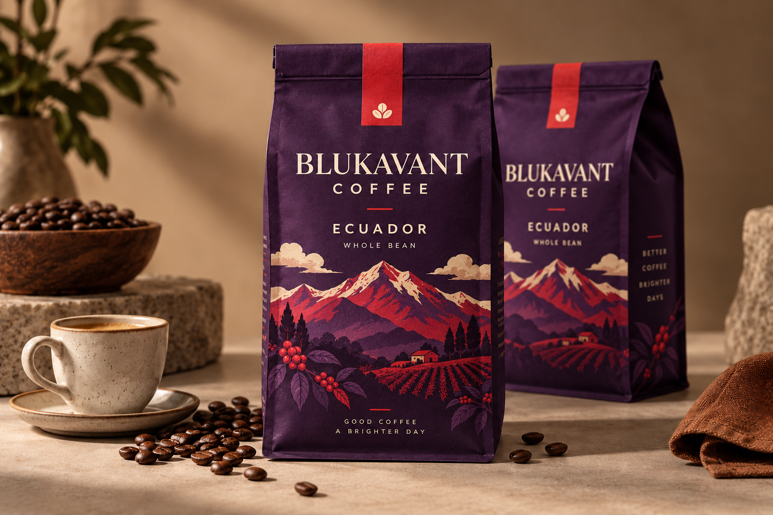 Purple and red BluKavant Coffee Ecuador packaging under review