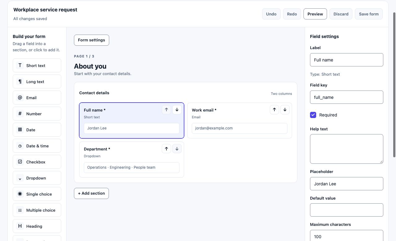 Form Builder with a field toolbox, a two-column form canvas, and field settings