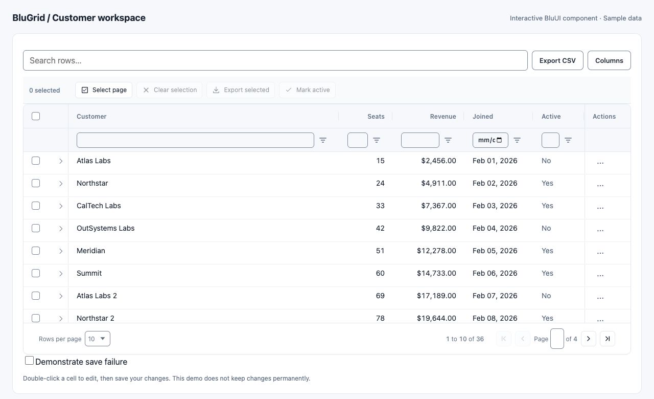 BluGrid customer workspace with search, column filters, row selection, and pagination