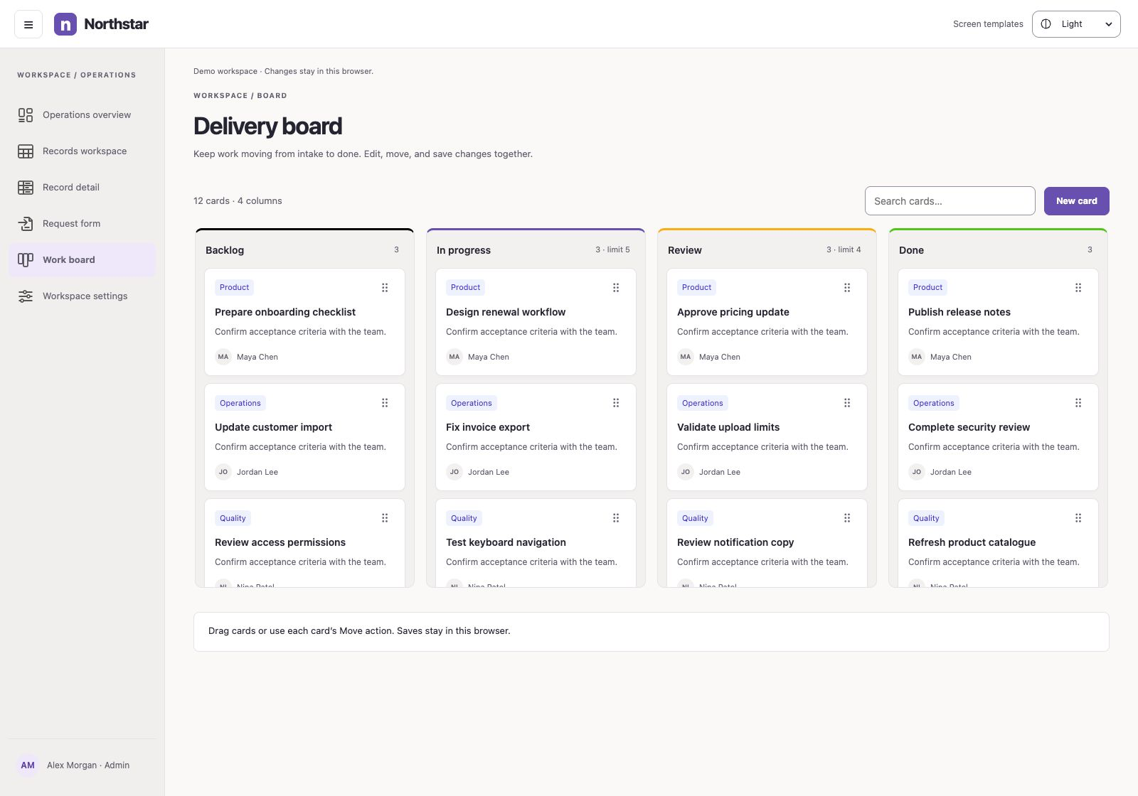 Work board screen template built with BluKavantUI