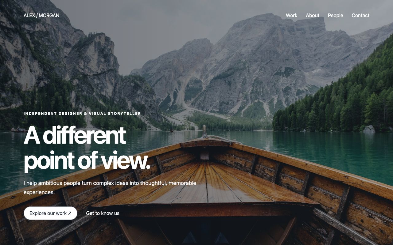 BluKavantUI creative portfolio template with a full-width lake photograph, bold typography, and clear calls to action