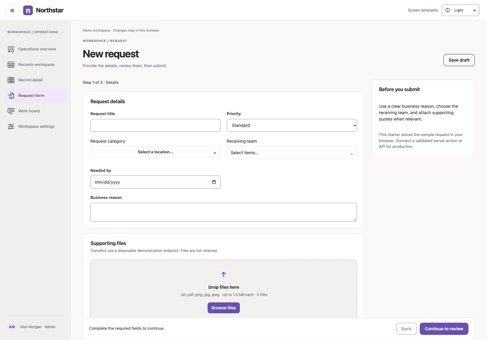 Request form screen template built with BluKavantUI